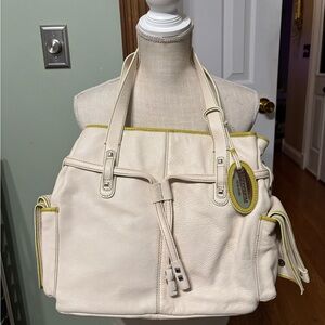 Winter Cream Ivory XL Shoulder Bag with hint Lime Green Trim